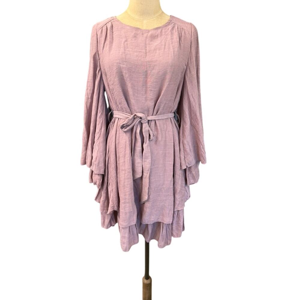 NWT!! "BLU IVY" Women's Dress SZ M Mauve/Lavender Fairy Midi Belt Flutter Sleeve
